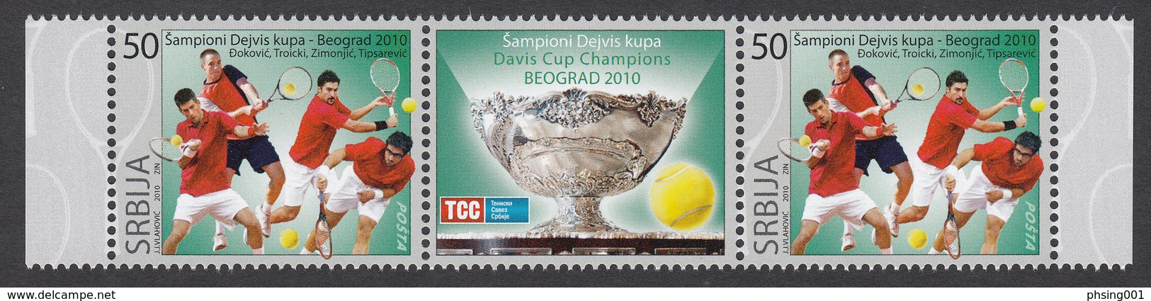 Serbia 2010 Davis Cup Winners Sport Tennis Novak Djokovic, Strip Of 2 Stamps And Label In The Row, MNH - Serbia