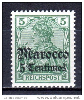 (S0368) GERMAN POST OFFICES IN MOROCCO, 1905 (5 C. On 5 Pf., Green). Mi # 20. MNH** Stamp - Morocco (offices)