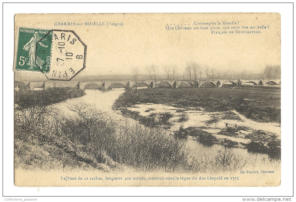 Cp, 88, Charmes-sur-Moselle, Le Pont De 12 Arches, Voyagée 1910 - Charmes