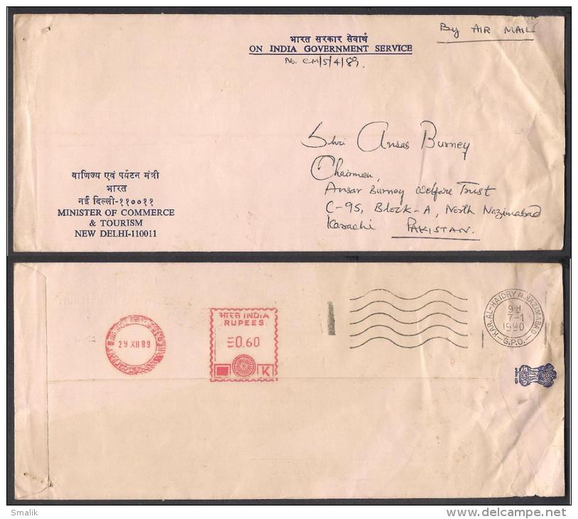 INDIA Meter Franking Cover From Minister Of Commerce & Tourism New Delhi To Pakistan 29.12.1989 - Brieven En Documenten