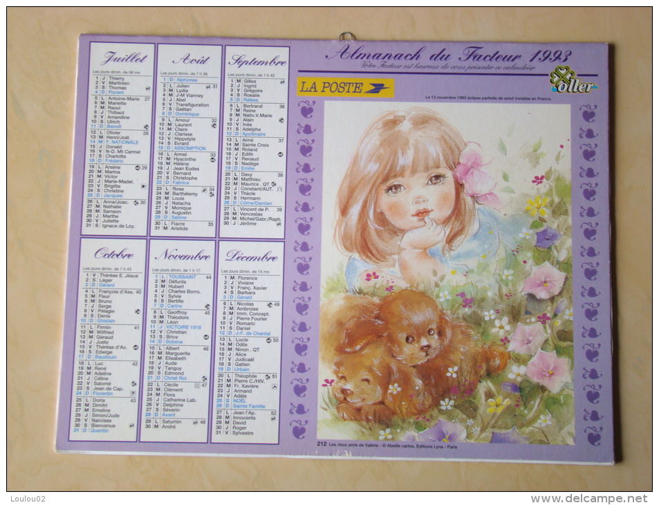 Calendrier ALMANACH DU FACTEUR PTT - 1993 - Enfants Chiens Chats - OLLER - Nord 59 - Très Bon état - Formato Piccolo : 1991-00