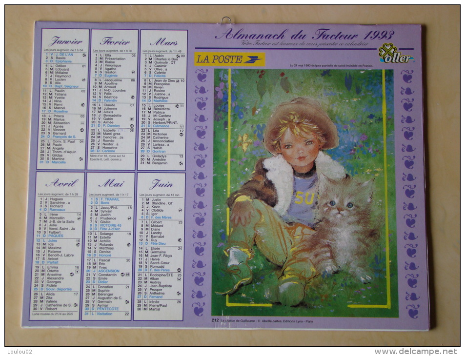 Calendrier ALMANACH DU FACTEUR PTT - 1993 - Enfants Chiens Chats - OLLER - Nord 59 - Très Bon état - Formato Piccolo : 1991-00