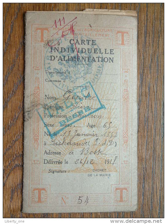 CARTE INDIVIDUELLE D'ALIMENTATION - Maire De BESSE / Puy De Dome GENDRE Pierre ( Délivrée 1918 / Details See Photo ) !! - Documents Historiques