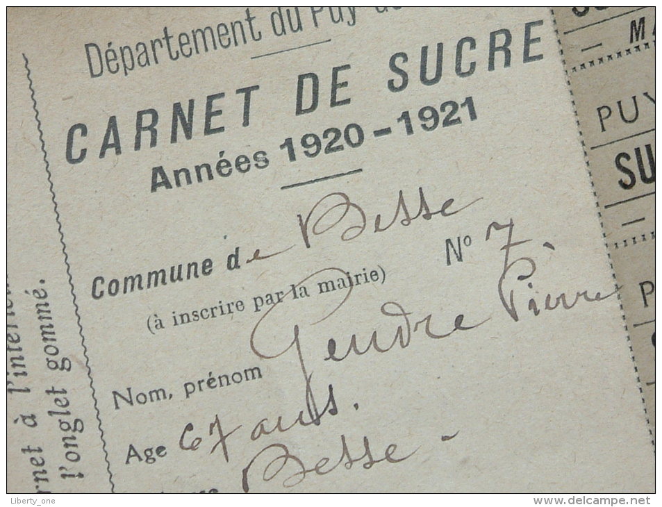 CARTE INDIVIDUELLE D'ALIMENTATION - Maire de BESSE / Puy de Dome GENDRE Pierre ( Délivrée 1918 / details see Photo ) !!