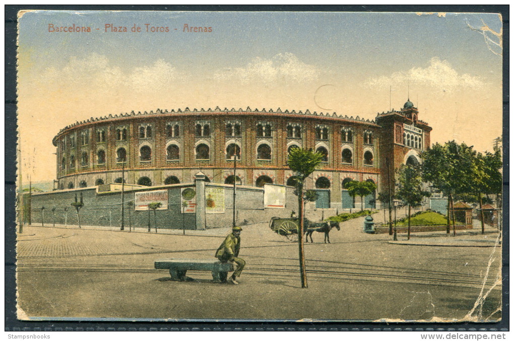 1925 Malta Valletta Spain Barcelona Bullring Plaza De Toros Arenas HMS Sandhurst Ship Mail Postcard - Malta