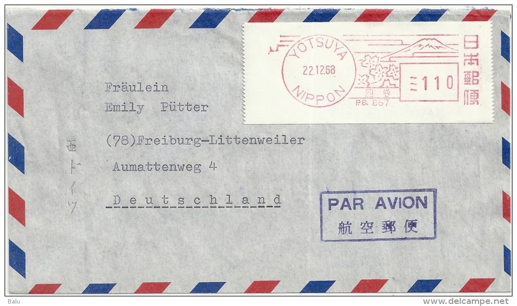 Japan 1968 Yotsuya 22.12.68 Par Avion To Germany, 110 Freistempler, Siehe Guten Scan - Storia Postale