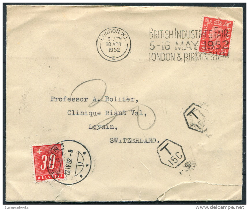 1952 GB London Royal National Orthopaedic Hospital - Leysin Switzerland Postage Due Surcharge Instructional Cover - Covers & Documents