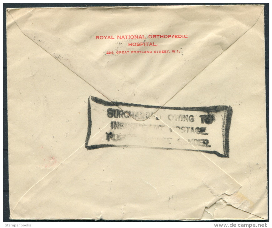 1952 GB London Royal National Orthopaedic Hospital - Leysin Switzerland Postage Due Surcharge Instructional Cover - Covers & Documents