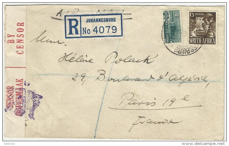 South Africa 1945 Censored Registered Postal Envelope Cover To France - Briefe U. Dokumente