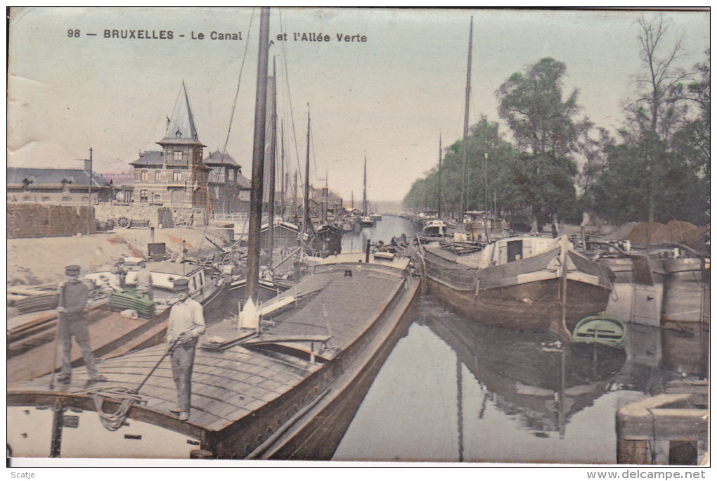 Bruxelles.  -  Le Canal Et L' Allée Verte  1909 - Prachtige - Gekleurde - Fotokaart-scheepsvaart - Public Transport (surface)