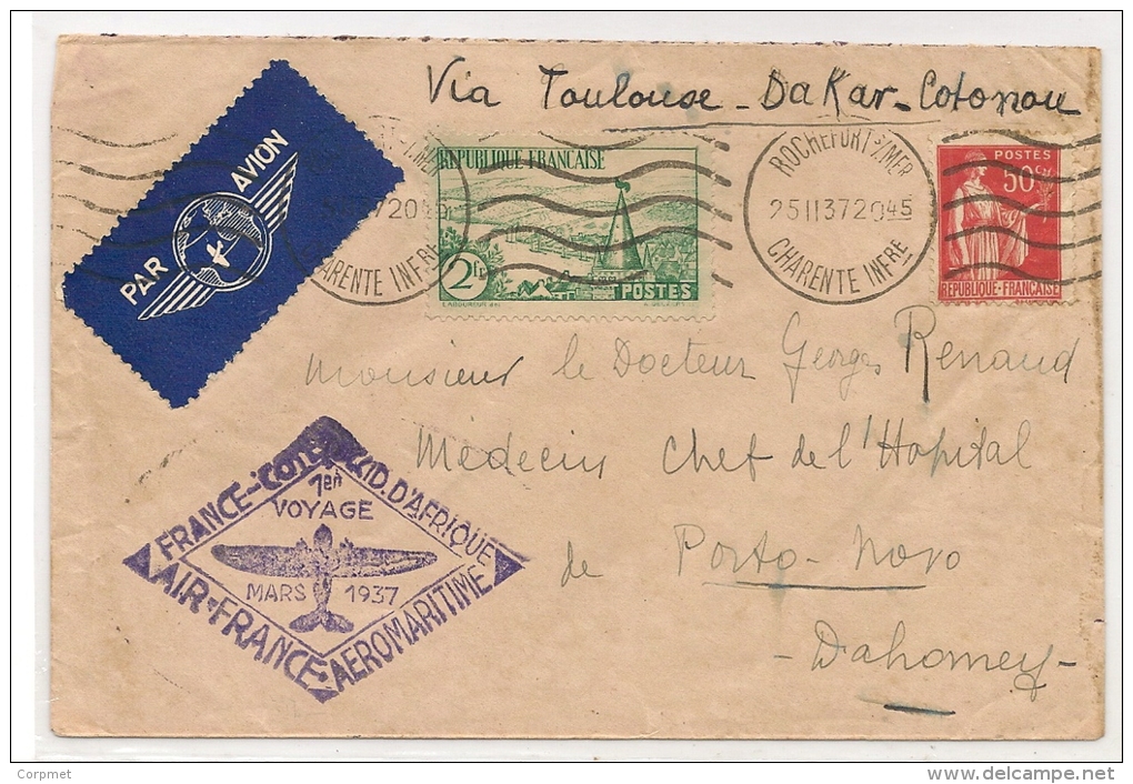 FRANCE - 1937 AIR FRANCE 1en VOYAGE AEROMARITIME Via TOULOUSE-DAKAR- COTONOU From ROCHEFORT S/MER To DAHOMEY - Covers & Documents