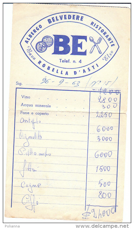 PO6103# FATTURA ALBERGO BELVEDERE RISTORANTE - Propr. Bava - ROBELLA D'ASTI 1963 - Italia