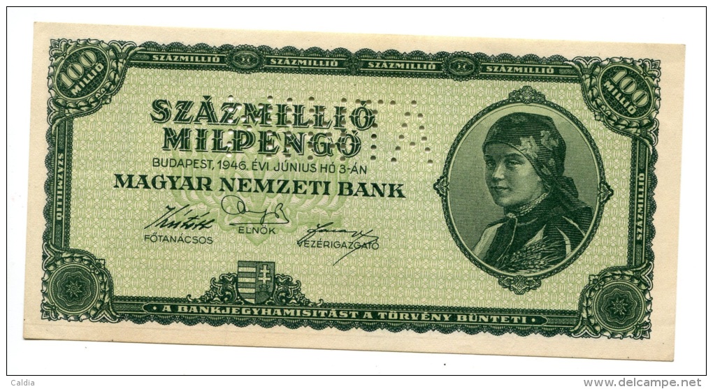 Hongrie Hungary Ungarn 100.000.000 MilPengo 1946 AUNC "" MINTA "" SPECIMEN "" # 1 - Hungría