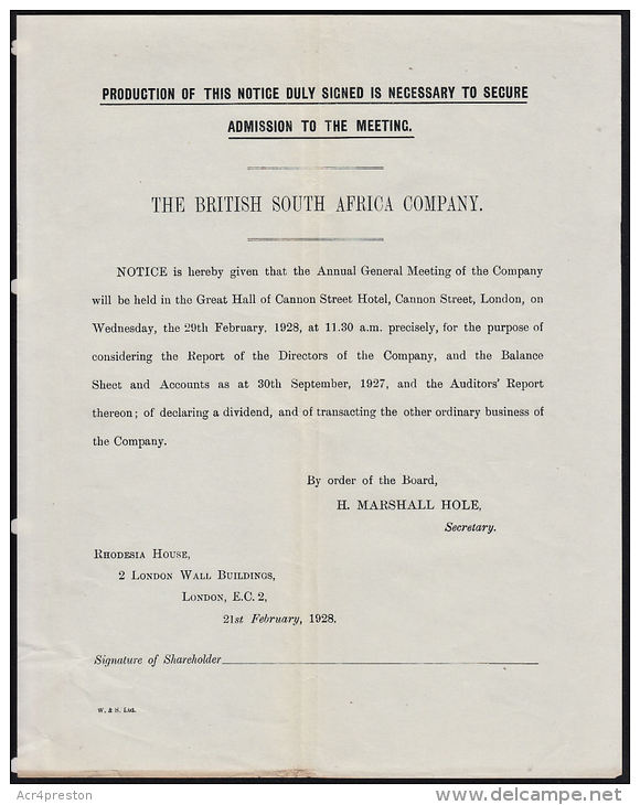 E0113L  BRITISH SOUTH AFRICA COMPANY 1928 - Notice Of AGM - Autres & Non Classés