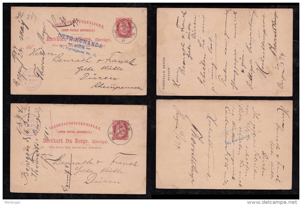 Norway Norwegen 1894 2 Postal Stationery BERGEN To Germany - Lettres & Documents