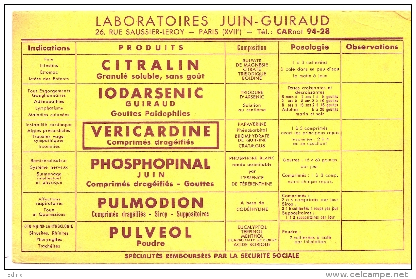 Buvard Pharmacie -  Laboratoires JUIN GUIRAUD  - Gamme Complete - Produits Pharmaceutiques