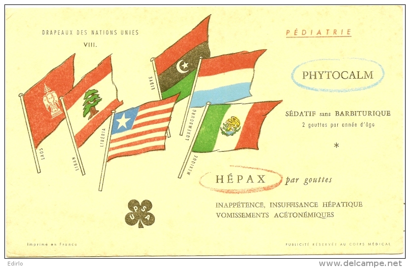 Buvard Pharmacie -  Drapeaux Des Nations Unies - Phytocalm Hepax - Produits Pharmaceutiques