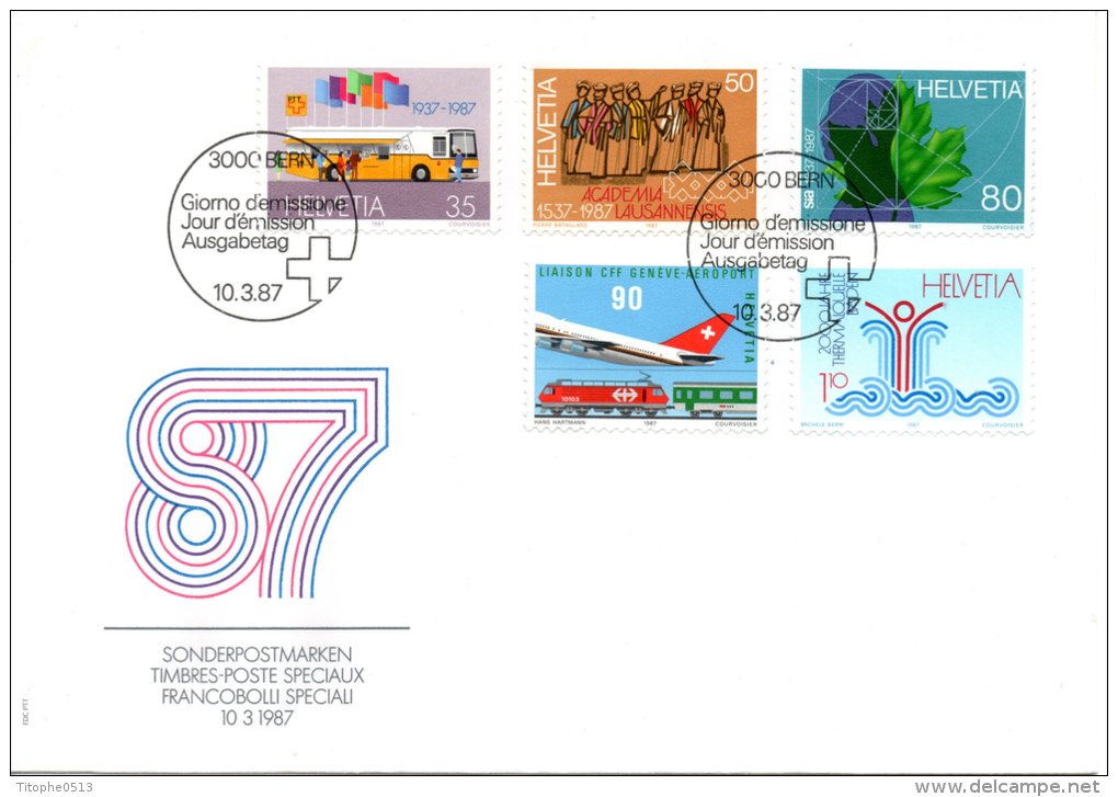 SUISSE. N°1269-73 Sur Enveloppe 1er Jour (FDC) De 1987. Autobus Postal/Université/Avion/T Rain/Thermalisme. - Bus