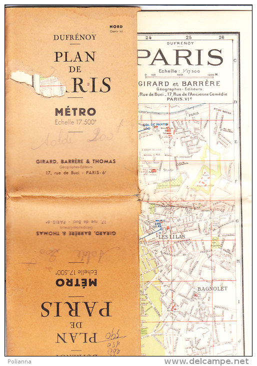 PBU/56 Cartina Dufrenoy PLAN De PARIS - METRO Girard, Barrere & Thomas 1954 - Topographische Karten