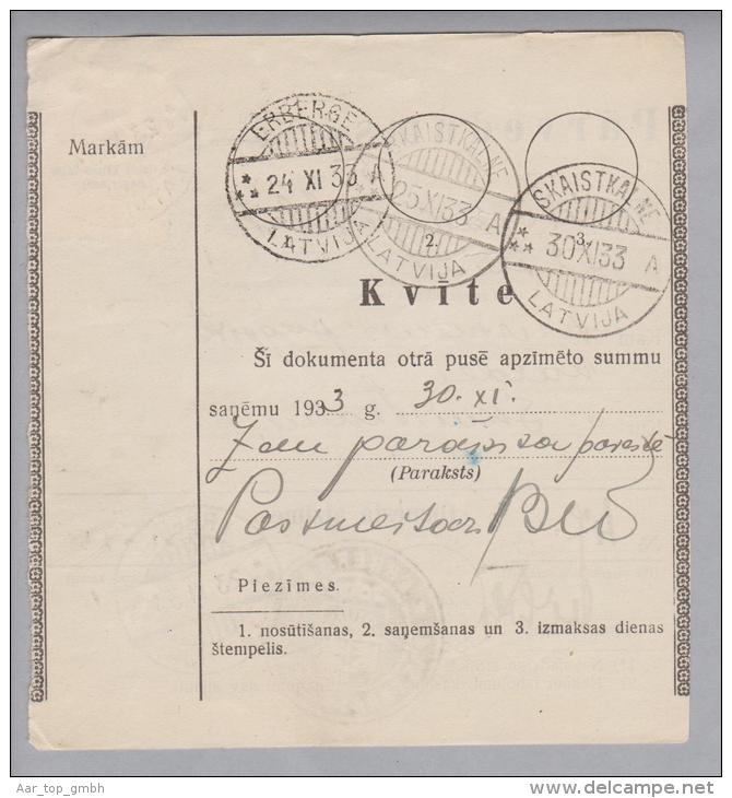 Lettland 1933-11-23 Erberge + Inversstempel Auf Postquittung - Lettonie