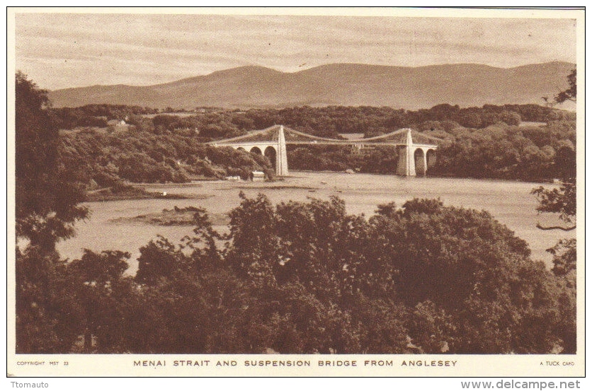 Menai Strait And Suspension Bridge From Anglesey   -   Tuck's Postcard - Anglesey