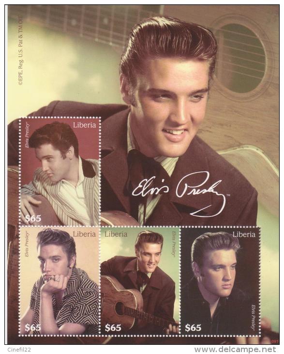 LIBERIA, Elvis Presley, Chanson, Musique, Cinema, Feuillet 4 Valeurs **,  2009 - Elvis Presley