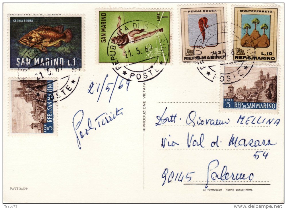 SAN MARINO  /  PALERMO - Card _ Cartolina  -  Gemelli Lire 1 X 2 + 5 X 2 + 3 + 10 - Lettres & Documents