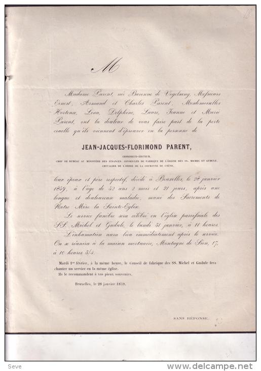 BRUXELLES Jean-Jacques PARENT 1807-1859 Imprimeur-éditeur époux De VOGELSANG Faire-part Mortuaire - Todesanzeige