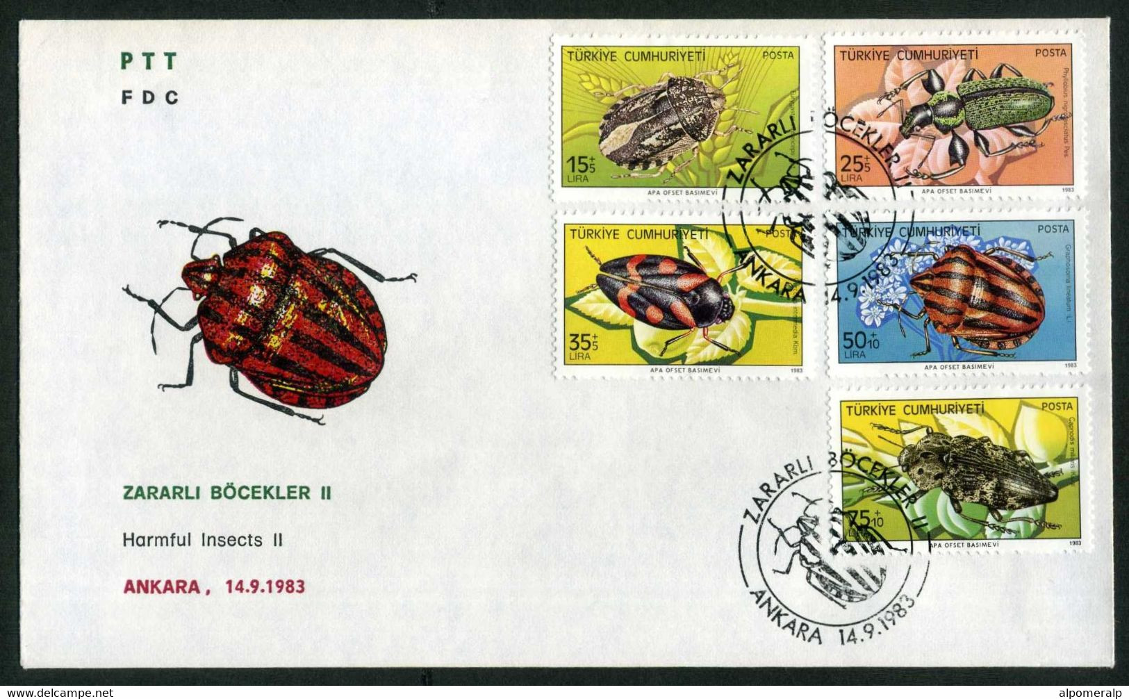 Turkey 1983 Harmful Insects II | Sunn Pest, Weevil, Frog Hopper, Striped Stink Bug, Jewel Beetle Mi 2651-2656 FDC - FDC