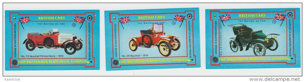 3x 'British Cars' : VAUXHALL  - Auto/Car/Voiture - England - 3 Matchboxcovers 'The Britannia Match Co., London' - Luciferdozen - Etiketten