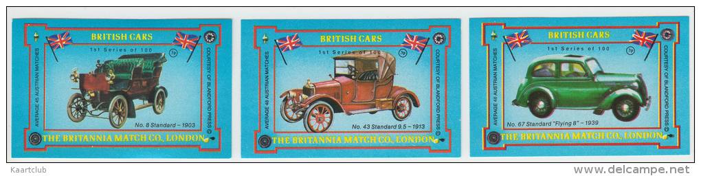 3x 'British Cars' : STANDARD  - Auto/Car/Voiture - England - 3 Matchboxcovers 'The Britannia Match Co., London' - Zündholzschachteletiketten