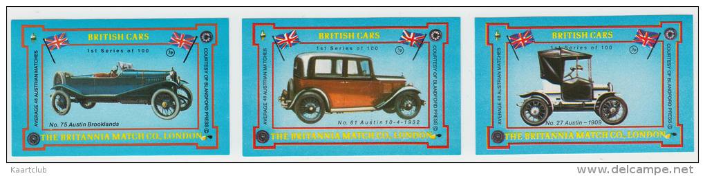 3x 'British Cars' :  Oldtimers AUSTIN  - Auto/Car/Voiture - England - 3 Matchboxcovers 'The Britannia Match Co., London' - Luciferdozen - Etiketten