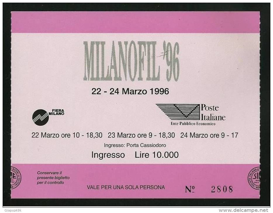 ● ITALIA 1996 - MILANOFIL - BIGLIETTO D' INGRESSO Fiera - Usato - Lotto N. 58b - Biglietti D'ingresso