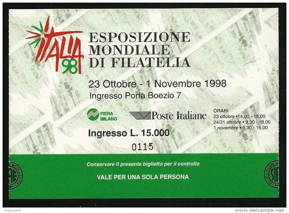 ● ITALIA 1998 - MILANOFIL - BIGLIETTO D' INGRESSO Fiera - Usato - Lotto N. 62 - Biglietti D'ingresso