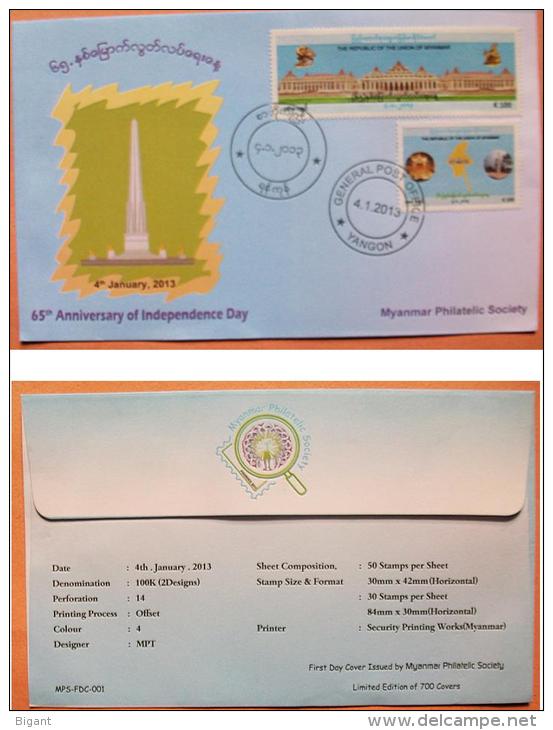 Myanmar 2013 Independence Day FDC Limited Issue - Myanmar (Birma 1948-...)