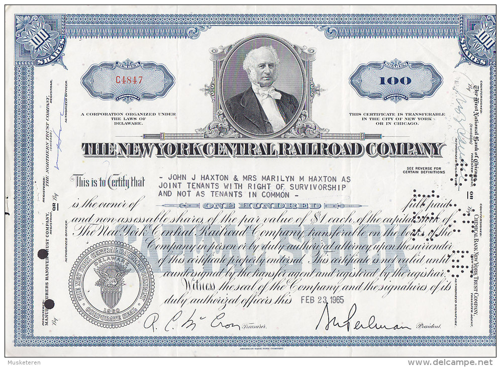 United States THE NEW YORK CENTRAL RAILROAD COMPANY 100 Shares Certificate 1965 Perfin Perfore Lochung - Chemin De Fer & Tramway