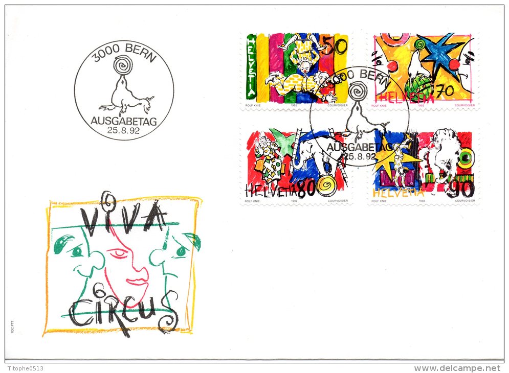 SUISSE. N°1406-9 Sur Enveloppe 1er Jour (FDC) De 1992. Les Clowns/Otarie/Eléphant/Cheval. - Circo