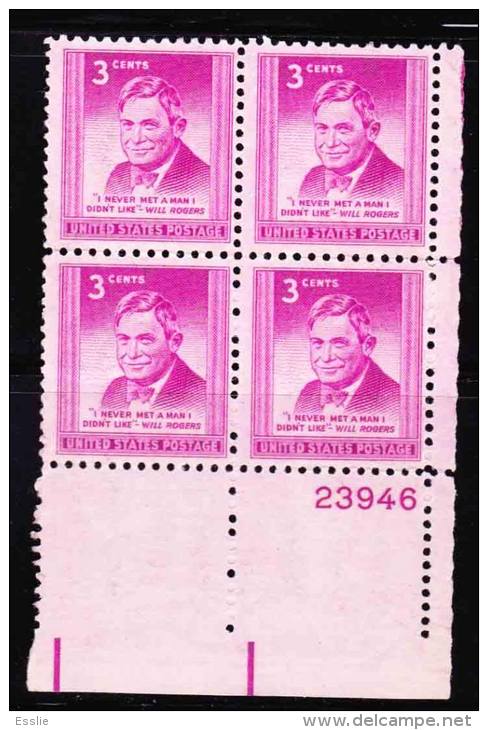 USA - 1948 - Will Rogers Issue - Control Block - Plate 23946 - Ongebruikt