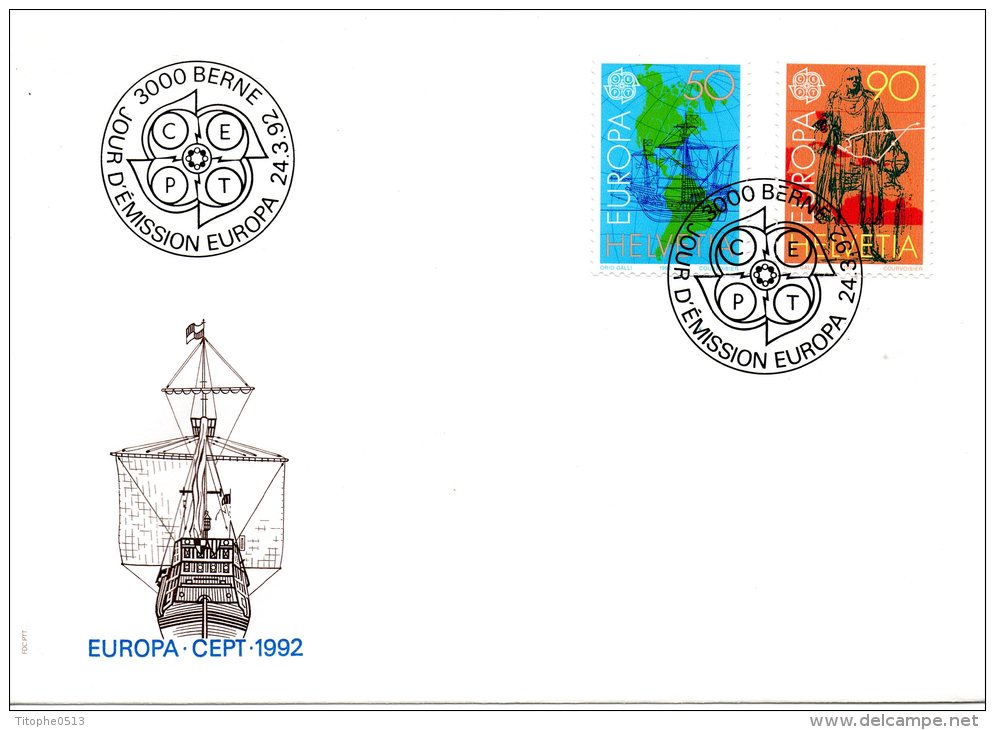 SUISSE. N°1393-4 Sur Enveloppe 1er Jour (FDC) De 1992. Europa/C. Colomb/Cartographie. - 1992