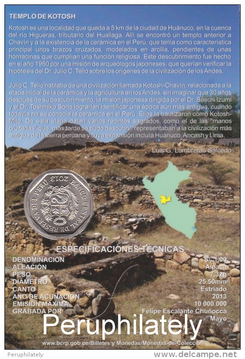 PERU 2013, TEMPLO DE KOTOSH , 1 NUEVO SOL , COIN ON CARD , MINT - Pérou