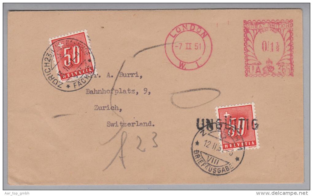 Schweiz Porto 1951-02-13 Zürich23 50Rp. Brief Aus London - Postage Due