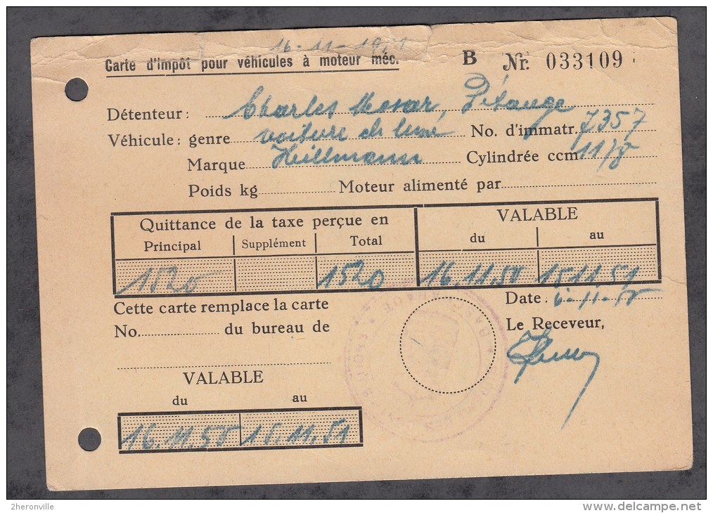 Carte D'Impot Pour Véhicules à Moteur - PETANGE - Automobile De Marque Heillmann - 1950 - Petingen