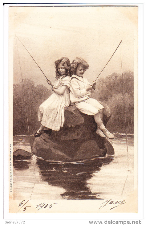 SUPERBE SERIE DE 6 CARTES _ Scènes Champètres _ Enfants _ Pêche à La Ligne _ Parapluie - Collections, Lots & Series