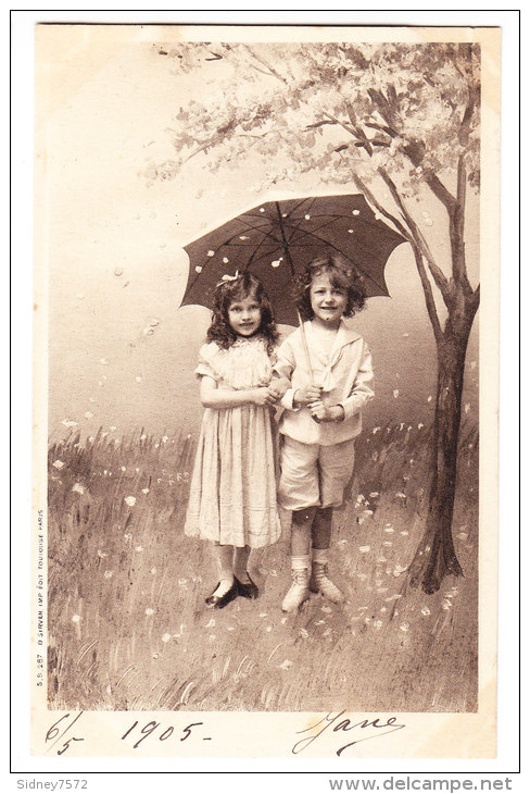 SUPERBE SERIE DE 6 CARTES _ Scènes champètres _ Enfants _ Pêche à la ligne _ Parapluie