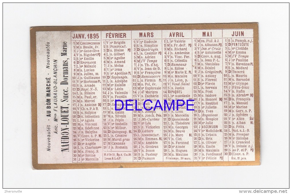 - DORMANS - Calendrier Ancien De 1895 - Publicité Magasin AU BON MARCHé , Maison NAUDON LOUET - Petit Format : ...-1900