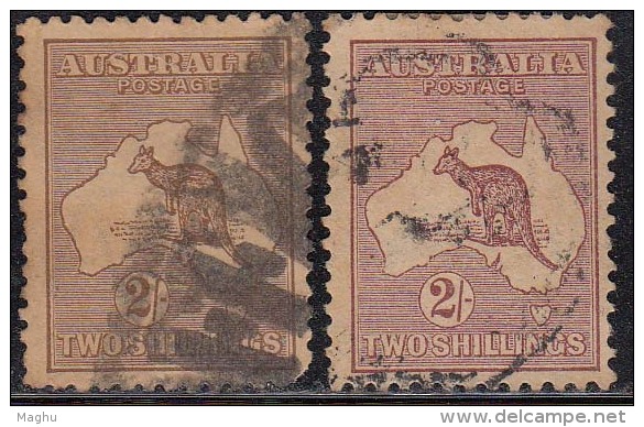 Kangaroo, Kangaroos Issue Of 1915, Watermark W6, 2/- Shillings, 2 Different Shades,  Australia Used, Map, Animal, - Used Stamps