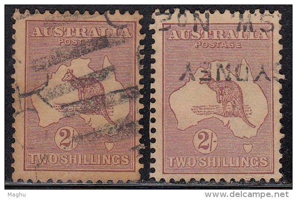 Kangaroo, Kangaroos, 2/- Shillings,  Watermark 15, 1924,  Australia Used, Map, 2 Diff., Shades - Gebruikt