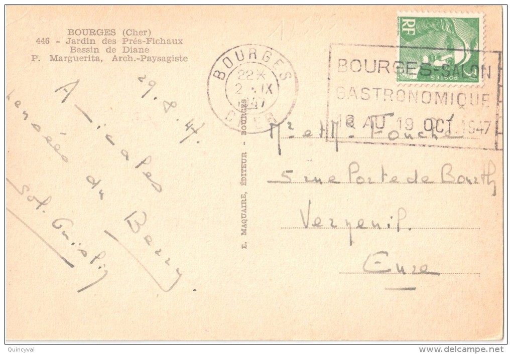 2401 BOURGES Cher Carte Postale Gandon  5 F Vert Yv 719 Ob Fliers Bourges Salon Gastronomique 1947 Dreyfus BOU836 - Mechanical Postmarks (Other)