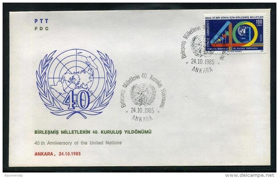 TURKEY 1985 FDC - 40th Anniversary Of The United Nations (UN), Michel #2728; ISFILA #3122; Scott #2329. - FDC