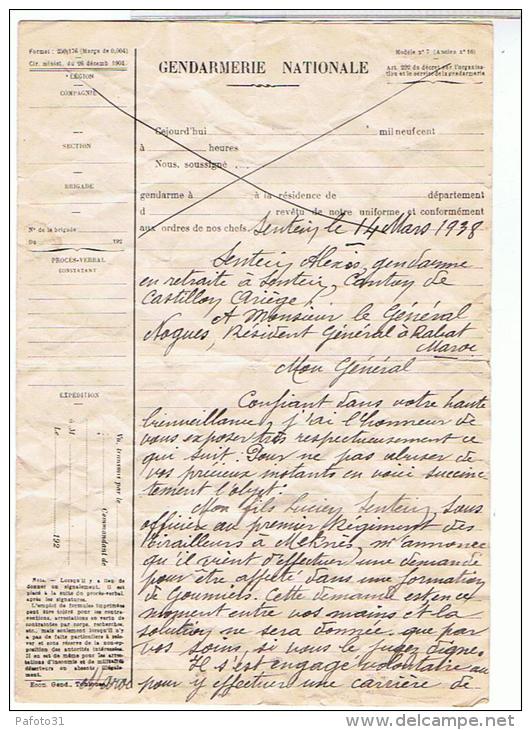 LETTRE DEMANDE DE PISTON D UN GENDARME POUR SON FILS GOUMIER1938LUCIEN SENTEIN - Documents Historiques